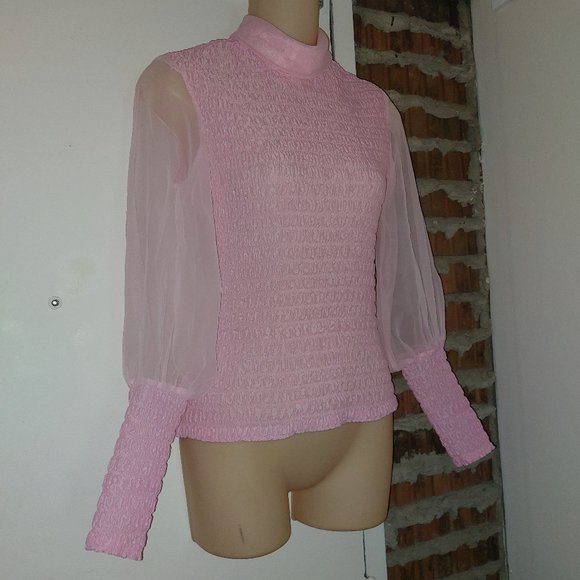 Vintage Irving Nadler Pink Long Sleeve Blouse Top High Collar Seersucker Size S - Picture 2 of 7